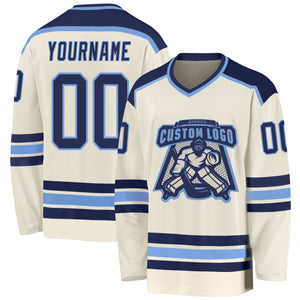 Custom Cream Navy-Light Blue Hockey Jersey