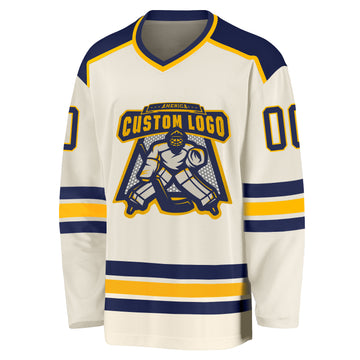 Custom Cream Navy-Gold Hockey Jersey