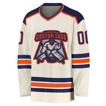 Custom Cream Navy-Orange Hockey Jersey
