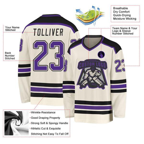  Custom Name Team Logo Number Cream Purple-Black Hockey