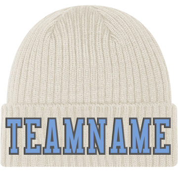 Custom Cream Light Blue-Steel Gray Stitched Cuffed Knit Hat