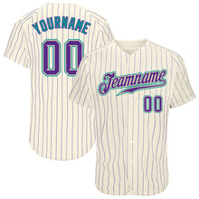 Laden Sie das Bild in den Galerie-Viewer, Custom Cream Purple Pinstripe Purple-Teal Authentic Baseball Jersey
