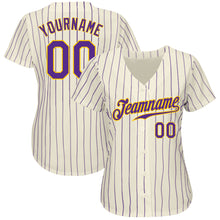 Laden Sie das Bild in den Galerie-Viewer, Custom Cream Purple Pinstripe Purple-Gold Authentic Baseball Jersey
