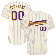 Laden Sie das Bild in den Galerie-Viewer, Custom Cream Purple Pinstripe Purple-Gold Authentic Baseball Jersey
