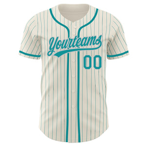 Custom Cream Teal Pinstripe Teal-Gray Authentic Baseball Jersey