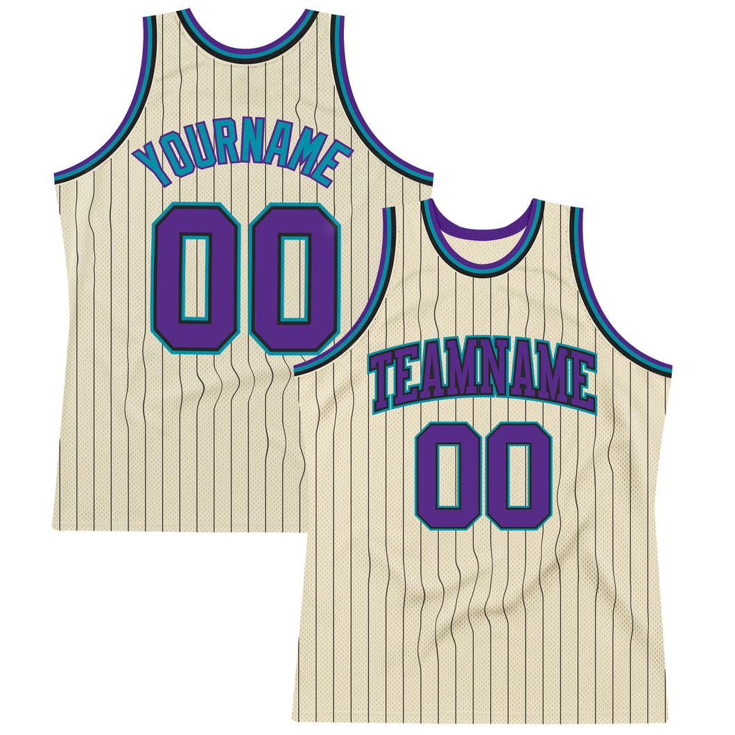 Custom Cream Black Pinstripe Purple-Teal Authentic Basketball Jersey