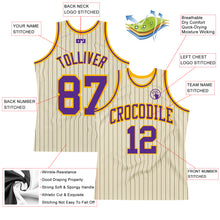 Laden Sie das Bild in den Galerie-Viewer, Custom Cream Black Pinstripe Purple-Gold Authentic Basketball Jersey
