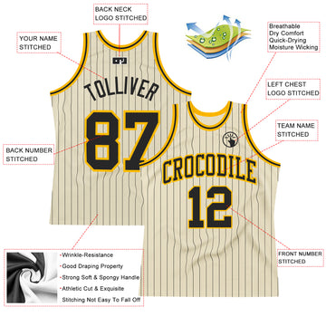 Custom Cream Black Pinstripe Black-Gold Authentic Basketball Jersey