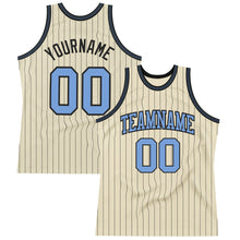 Laden Sie das Bild in den Galerie-Viewer, Custom Cream Black Pinstripe Blue Authentic Basketball Jersey
