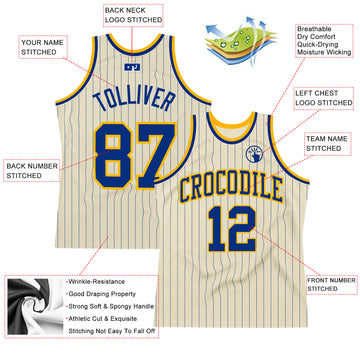 Custom Cream Royal Pinstripe Royal-Gold Authentic Basketball Jersey