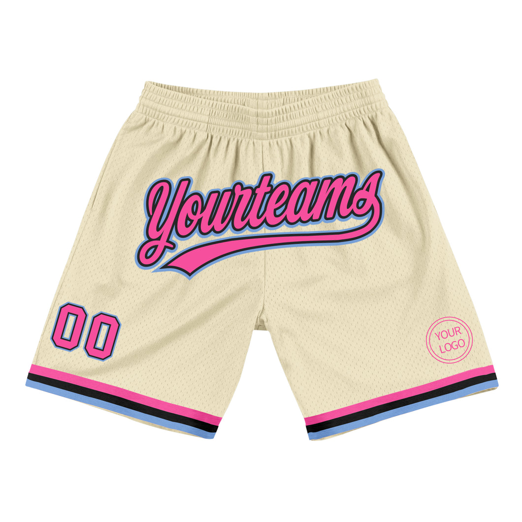 Custom Cream Pink Black-Light Blue Authentic Throwback Basketball Shorts