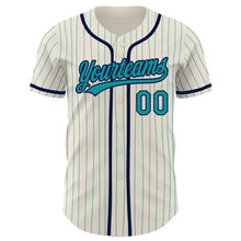 Laden Sie das Bild in den Galerie-Viewer, Custom Cream Teal Pinstripe Navy Authentic Baseball Jersey
