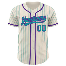 Laden Sie das Bild in den Galerie-Viewer, Custom Cream Teal Pinstripe Purple Authentic Baseball Jersey
