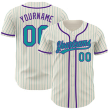 Laden Sie das Bild in den Galerie-Viewer, Custom Cream Teal Pinstripe Purple Authentic Baseball Jersey
