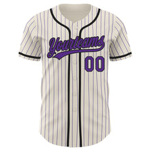 Laden Sie das Bild in den Galerie-Viewer, Custom Cream Purple Pinstripe Black Authentic Baseball Jersey
