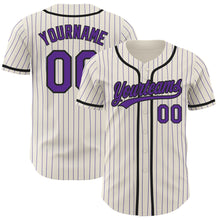 Laden Sie das Bild in den Galerie-Viewer, Custom Cream Purple Pinstripe Black Authentic Baseball Jersey
