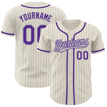 Laden Sie das Bild in den Galerie-Viewer, Custom Cream Gray Pinstripe Purple Authentic Baseball Jersey
