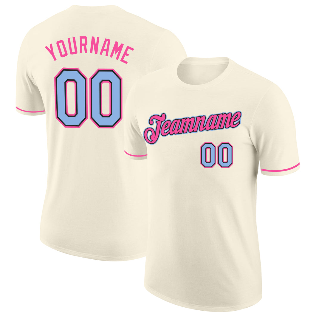 Custom Cream Light Blue Black-Pink Performance T-Shirt