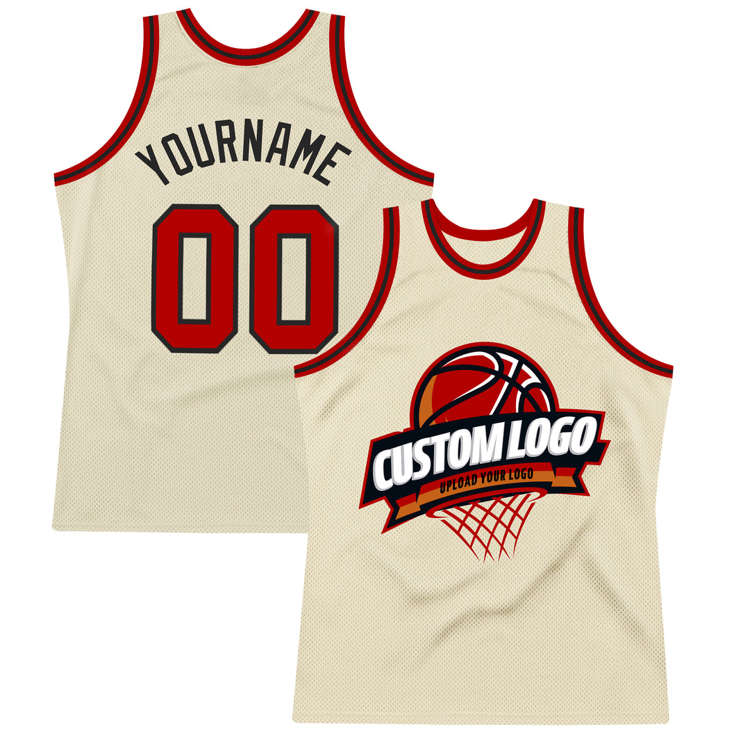 Cheap Custom Cream Red-Black Authentic Throwback Basketball Jersey