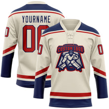 Load image into Gallery viewer, Custom Cream Red-Navy Hockey Lace Neck Jersey
