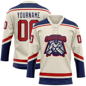 Custom Cream Red-Navy Hockey Lace Neck Jersey