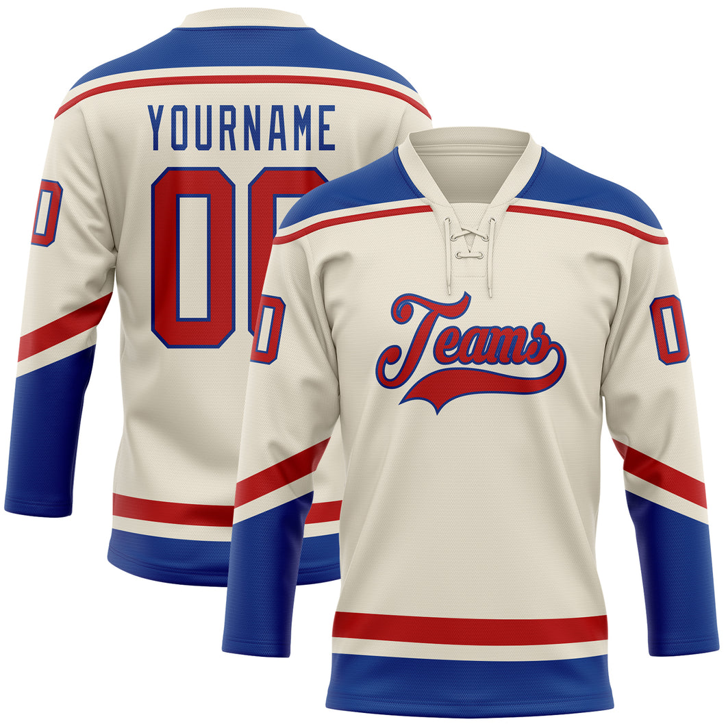 Custom Cream Red-Royal Hockey Lace Neck Jersey