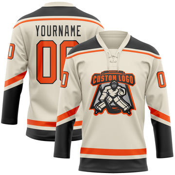 Custom Cream Orange-Black Hockey Lace Neck Jersey