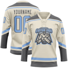Загрузить изображение в средство просмотра галереи, Custom Cream Light Blue-Steel Gray Hockey Lace Neck Jersey
