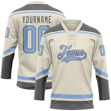 Load image into Gallery viewer, Custom Cream Light Blue-Steel Gray Hockey Lace Neck Jersey
