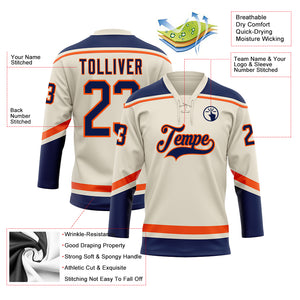 Custom Cream Navy-Orange Hockey Lace Neck Jersey