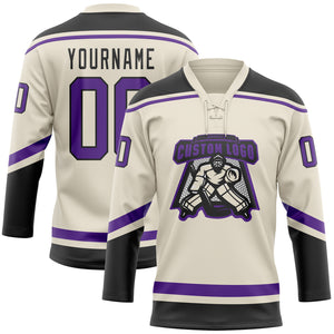 Custom Cream Purple-Black Hockey Lace Neck Jersey