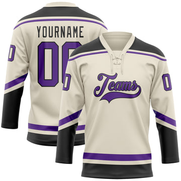 Custom Cream Purple-Black Hockey Lace Neck Jersey