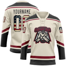 Load image into Gallery viewer, Custom Cream Vintage USA Flag Black-Maroon Hockey Lace Neck Jersey
