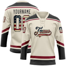 Load image into Gallery viewer, Custom Cream Vintage USA Flag Black-Maroon Hockey Lace Neck Jersey
