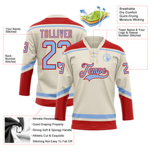 Load image into Gallery viewer, Custom Cream Light Blue-Red Hockey Lace Neck Jersey
