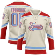 Load image into Gallery viewer, Custom Cream Light Blue-Red Hockey Lace Neck Jersey
