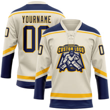 Load image into Gallery viewer, Custom Cream Navy-Gold Hockey Lace Neck Jersey
