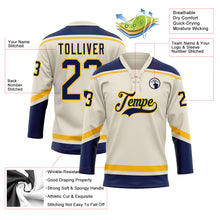 Load image into Gallery viewer, Custom Cream Navy-Gold Hockey Lace Neck Jersey
