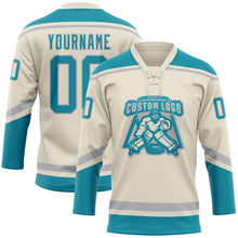 Load image into Gallery viewer, Custom Cream Teal-Gray Hockey Lace Neck Jersey
