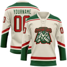 Load image into Gallery viewer, Custom Cream Red-Green Hockey Lace Neck Jersey
