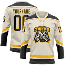 Load image into Gallery viewer, Custom Cream Black-Gold Hockey Lace Neck Jersey
