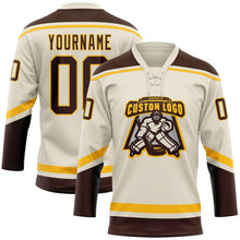 Load image into Gallery viewer, Custom Cream Brown-Gold Hockey Lace Neck Jersey
