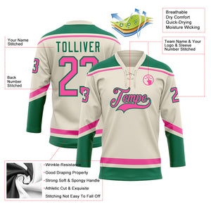 Custom Cream Pink-Kelly Green Hockey Lace Neck Jersey