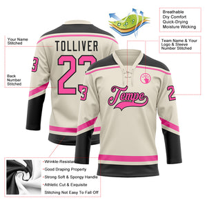 Custom Cream Pink-Black Hockey Lace Neck Jersey