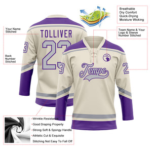 Custom Cream Gray-Purple Hockey Lace Neck Jersey