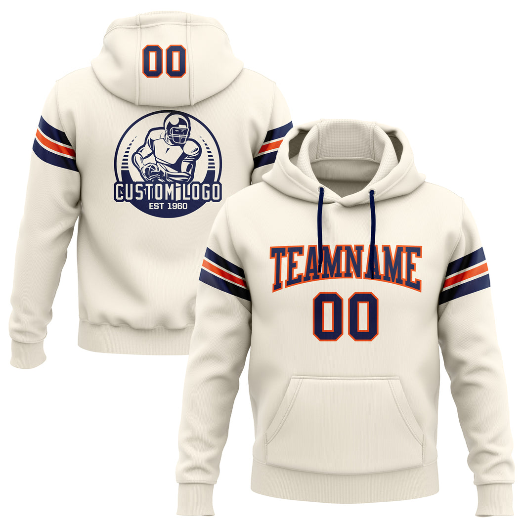 Custom Stitched Cream Navy-Orange Football Pullover Sweatshirt Hoodie