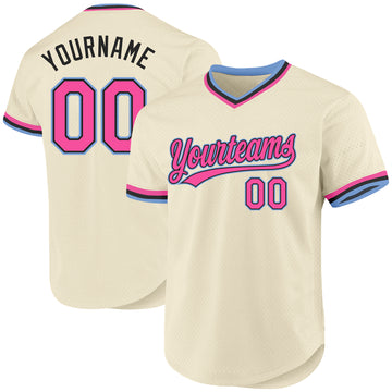 Custom Cream Pink Black-Light Blue Authentic Throwback Baseball Jersey