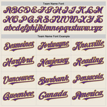 Laden Sie das Bild in den Galerie-Viewer, Custom Cream Gray Pinstripe Purple-Old Gold Authentic Baseball Jersey
