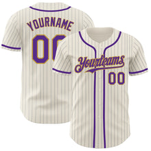 Laden Sie das Bild in den Galerie-Viewer, Custom Cream Gray Pinstripe Purple-Old Gold Authentic Baseball Jersey
