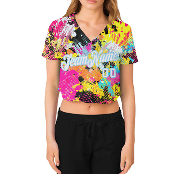 Custom Women's Graffiti Pattern White-Light Blue Bright Psychedelic 3D V-Neck Cropped Baseball Jersey